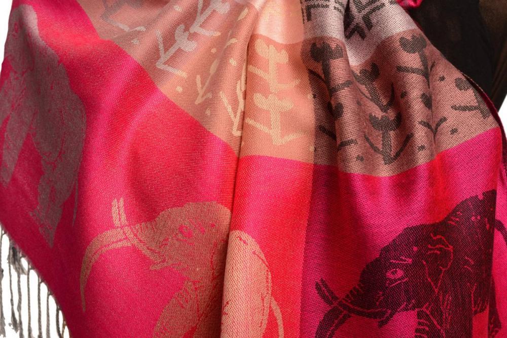 Liss Kiss Silver Lurex & Elephants On Magenta Pink Pashmina With Tassels - Scarf