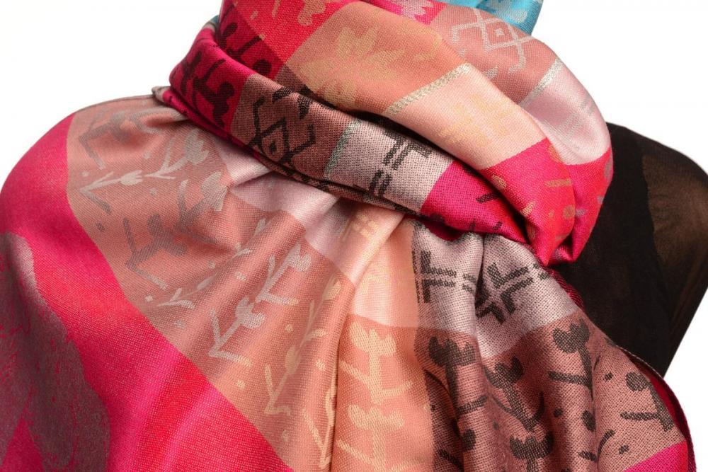 Liss Kiss Silver Lurex & Elephants On Magenta Pink Pashmina With Tassels - Scarf