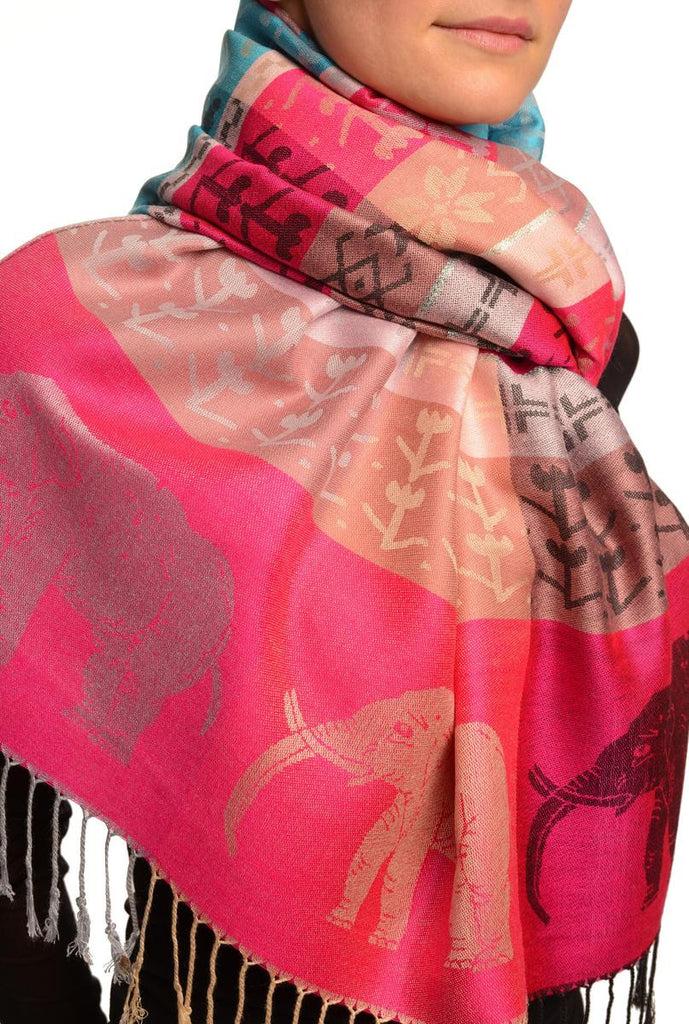 Liss Kiss Silver Lurex & Elephants On Magenta Pink Pashmina With Tassels - Scarf