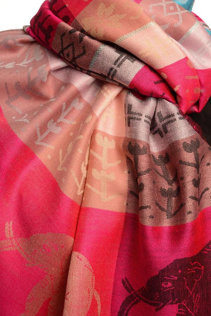 Liss Kiss Silver Lurex & Elephants On Magenta Pink Pashmina With Tassels - Scarf