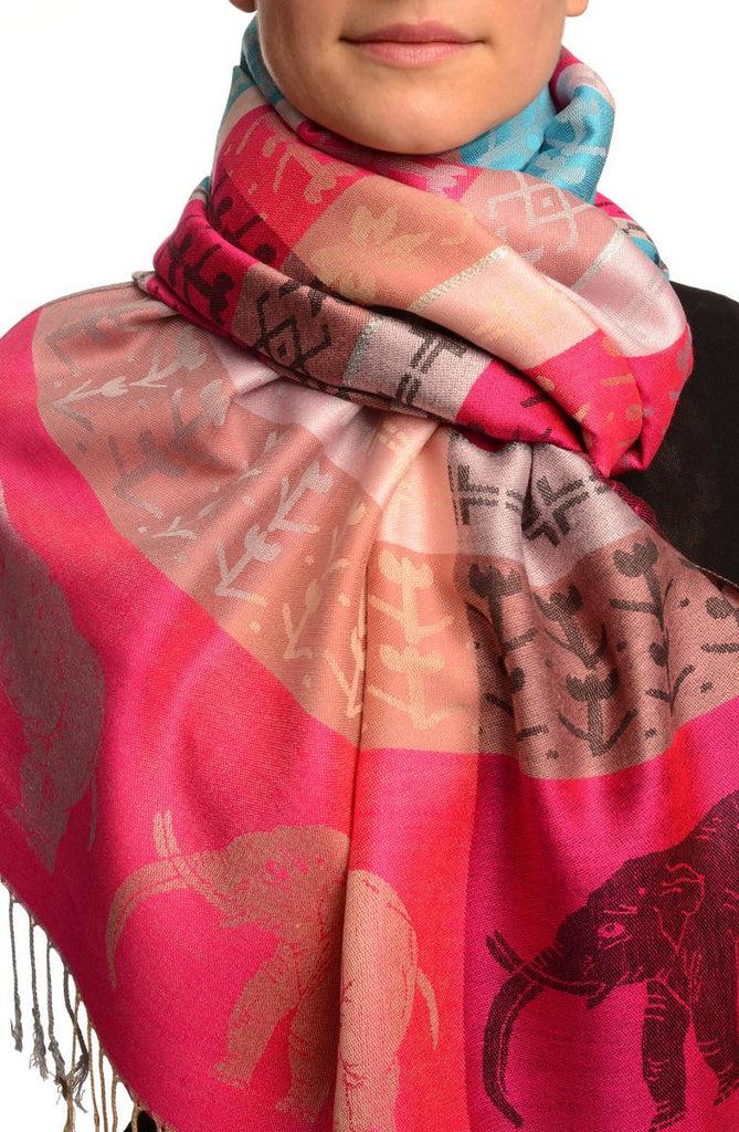 liss kiss Silver Lurex & Elephants On Magenta Pink Pashmina With Tassels - Scarf