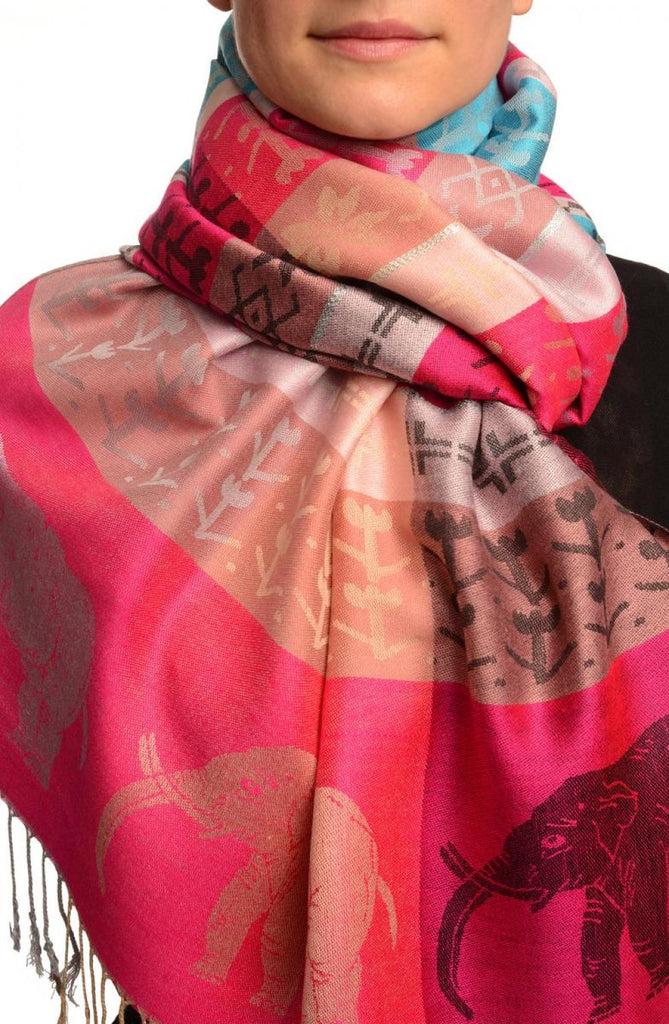 liss kiss Silver Lurex & Elephants On Magenta Pink Pashmina With Tassels - Scarf