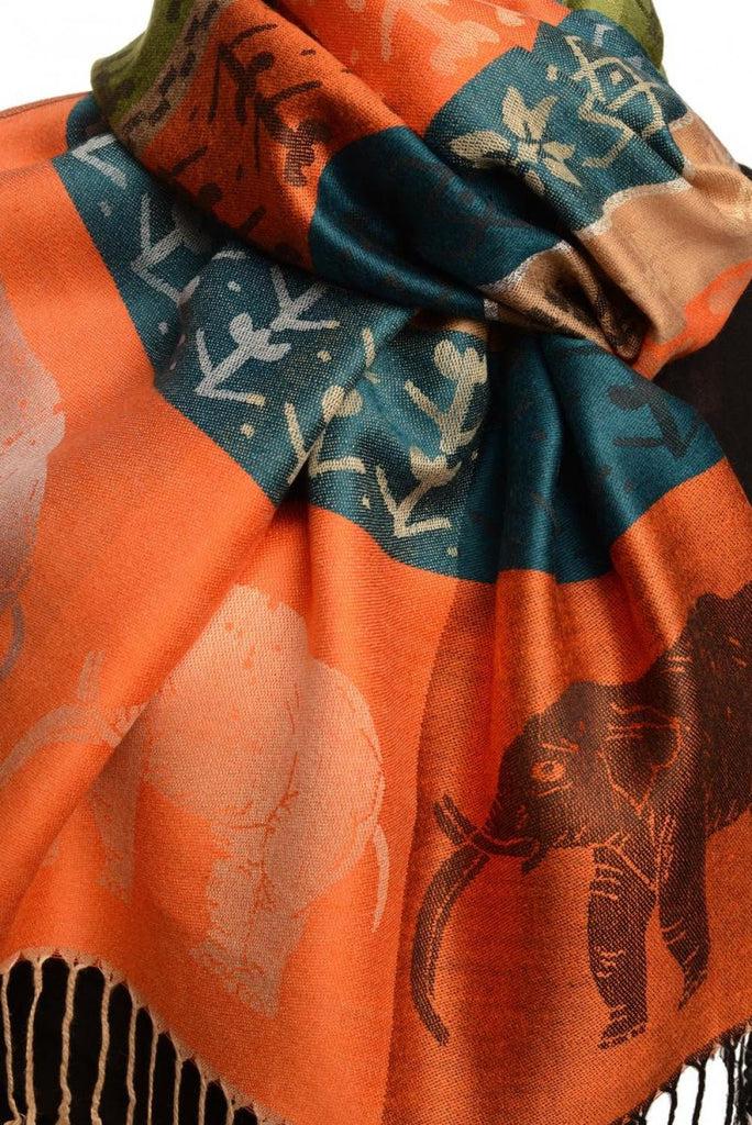 Liss Kiss Silver Lurex & Elephants On Orange Pashmina With Tassels - Scarf