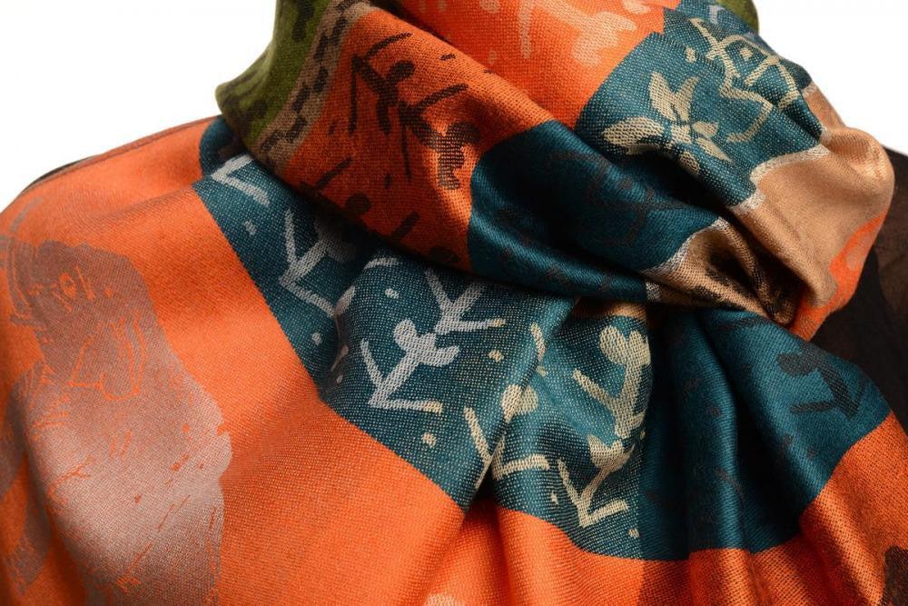 Liss Kiss Silver Lurex & Elephants On Orange Pashmina With Tassels - Scarf