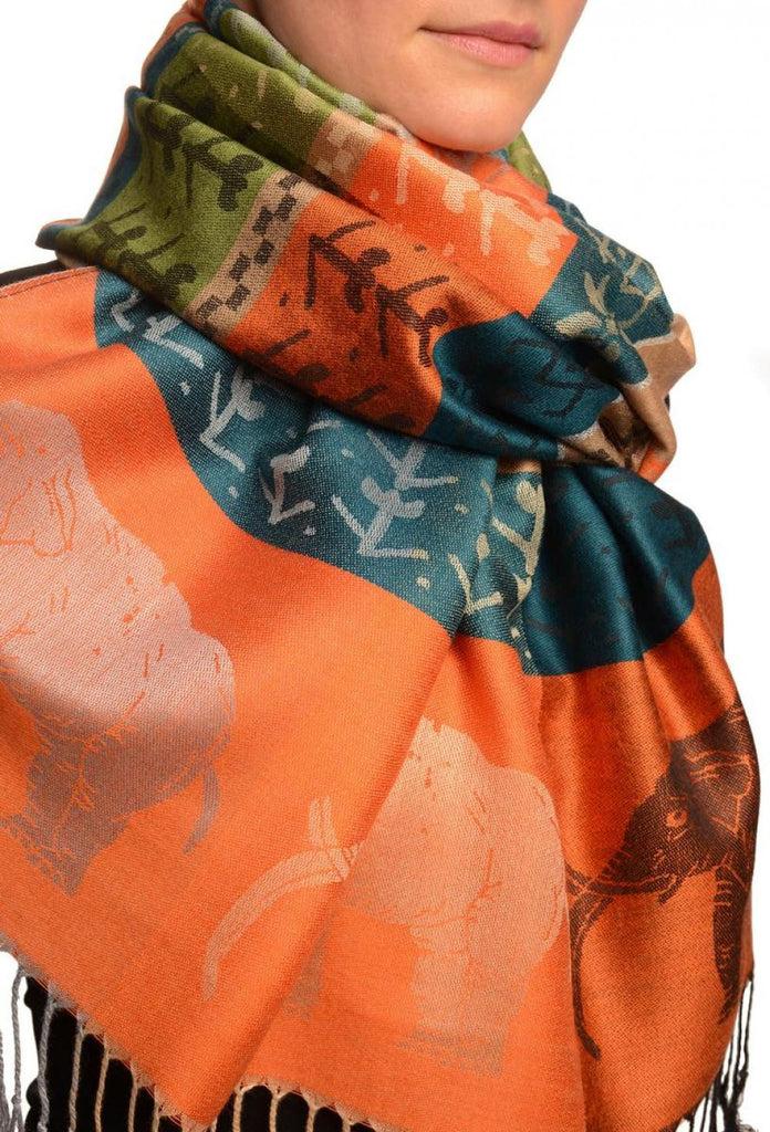 Liss Kiss Silver Lurex & Elephants On Orange Pashmina With Tassels - Scarf