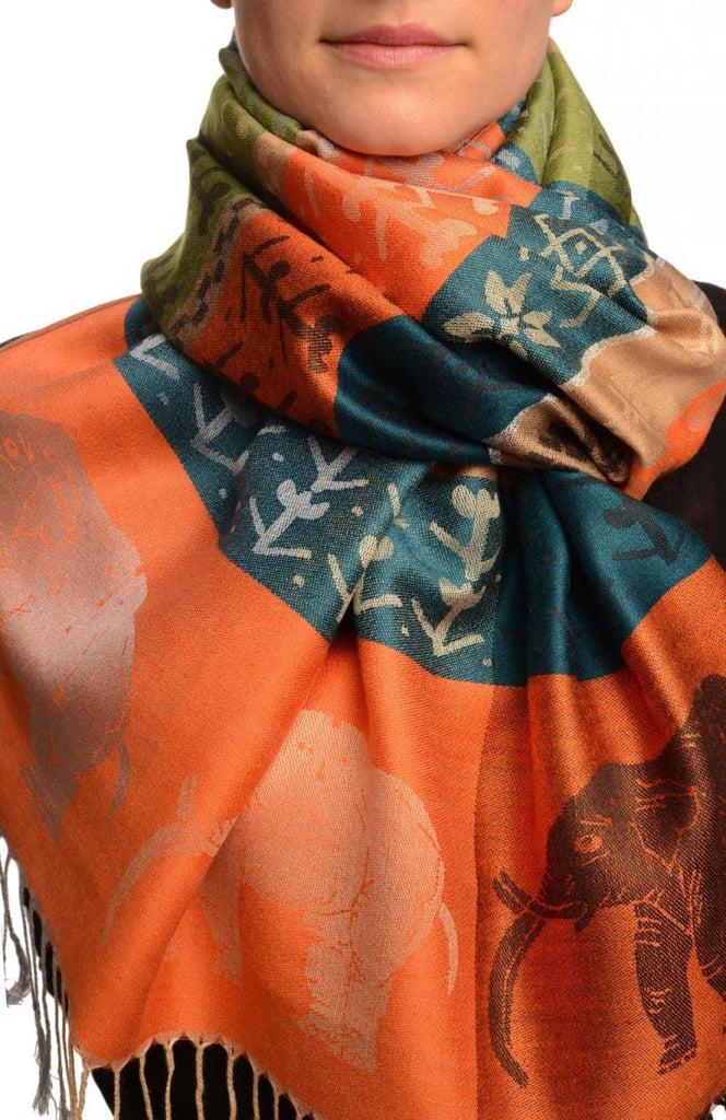 liss kiss Silver Lurex & Elephants On Orange Pashmina With Tassels - Scarf
