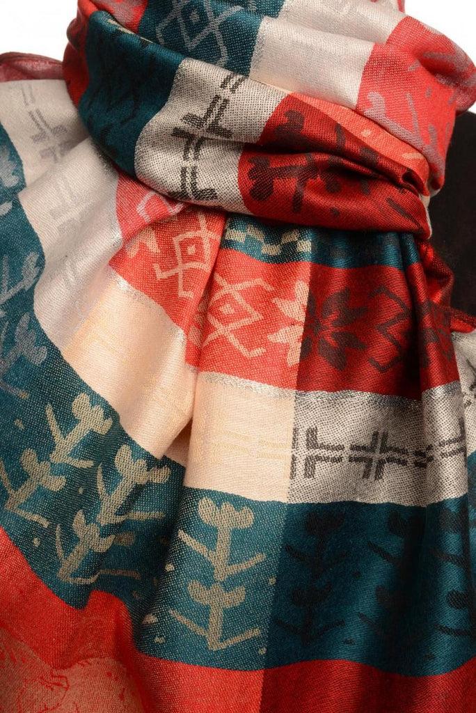 Liss Kiss Silver Lurex & Elephants On Red Pashmina With Tassels - Scarf