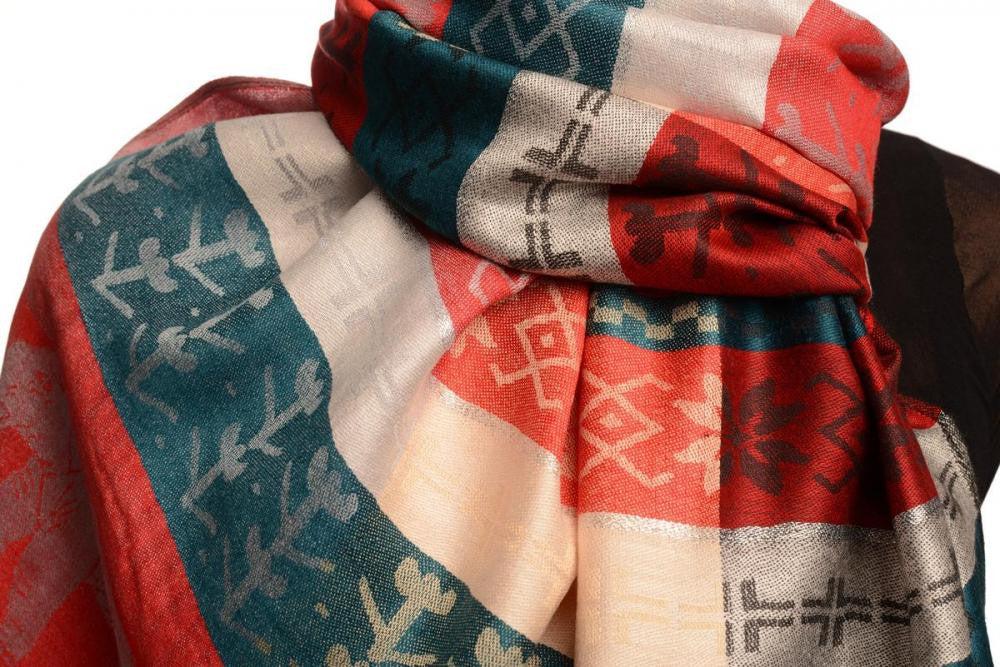 Liss Kiss Silver Lurex & Elephants On Red Pashmina With Tassels - Scarf