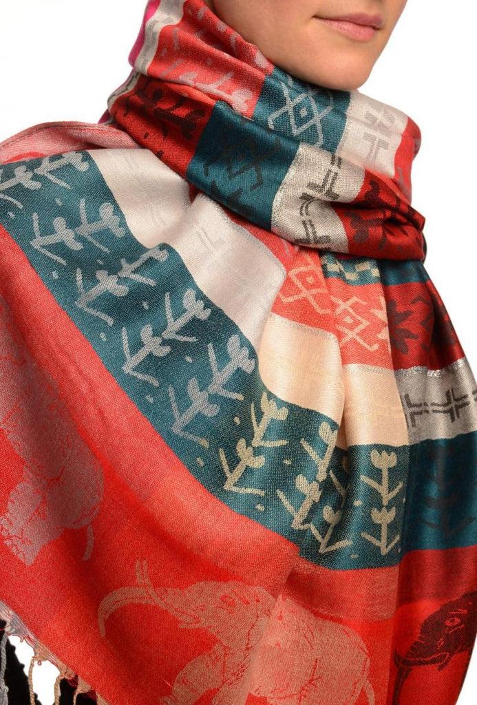 Liss Kiss Silver Lurex & Elephants On Red Pashmina With Tassels - Scarf