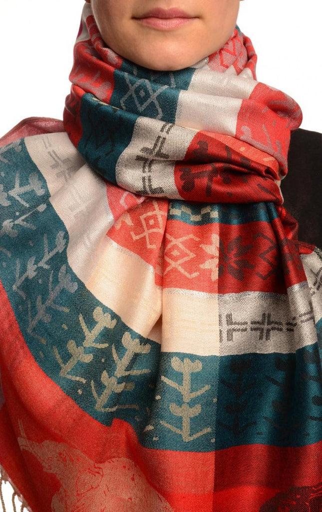 liss kiss Silver Lurex & Elephants On Red Pashmina With Tassels - Scarf