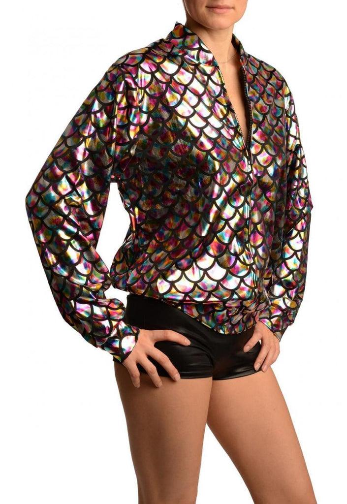 Liss Kiss Silver Rainbow Shiny Mermaid Scales Unisex Zip Disco Jacket - Jacket