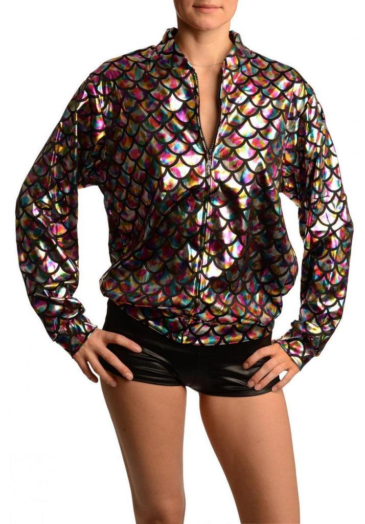 liss kiss Silver Rainbow Shiny Mermaid Scales Unisex Zip Disco Jacket - Jacket