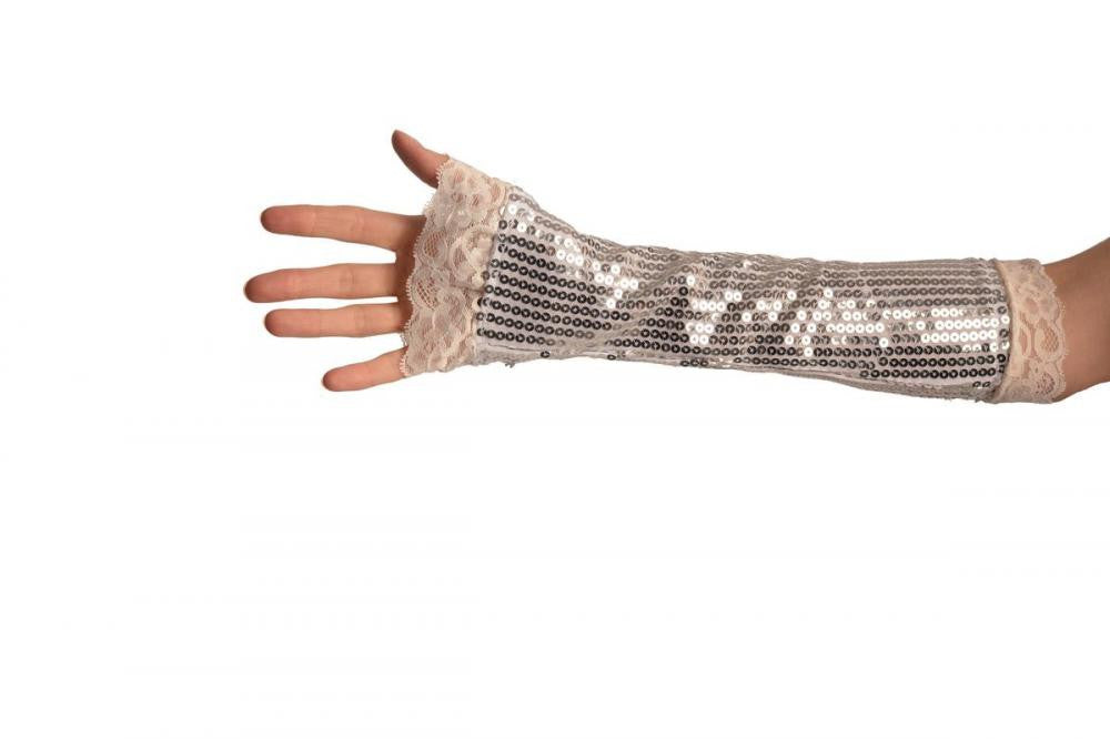 Liss Kiss Silver Sequin Elbow Party Gloves With Lace - Gloves