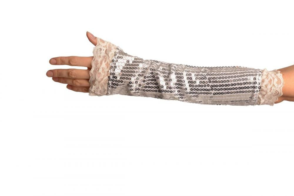 Liss Kiss Silver Sequin Elbow Party Gloves With Lace - Gloves