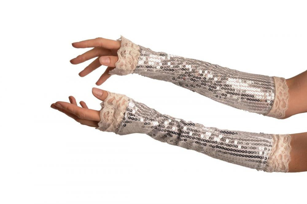 liss kiss Silver Sequin Elbow Party Gloves With Lace - Gloves
