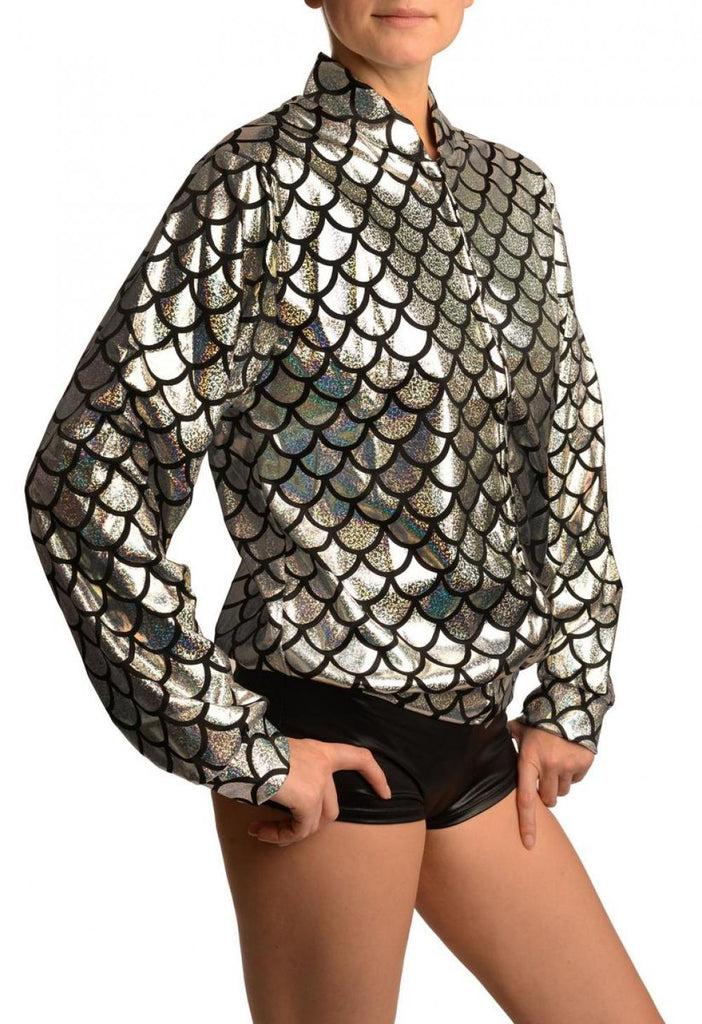 Liss Kiss Silver Shiny Gloss Mermaid Scales Unisex Zip Disco Jacket - Jacket