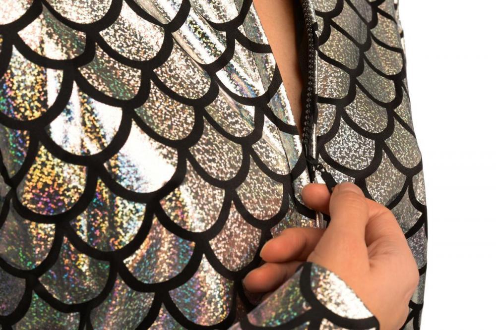 Liss Kiss Silver Shiny Gloss Mermaid Scales Unisex Zip Disco Jacket - Jacket
