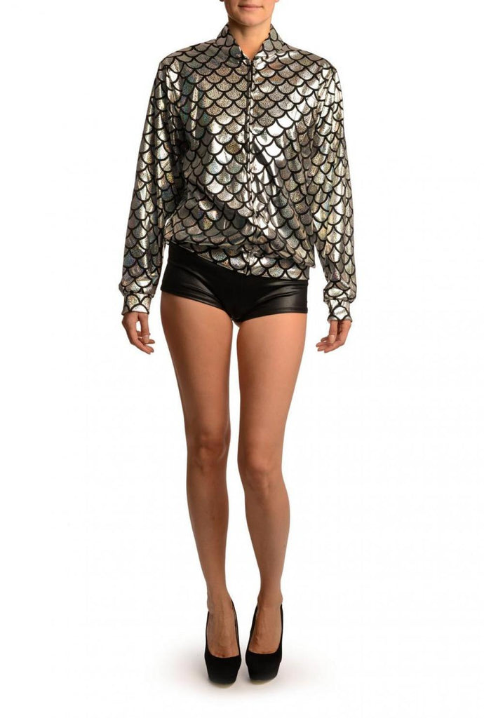 Liss Kiss Silver Shiny Gloss Mermaid Scales Unisex Zip Disco Jacket - Jacket