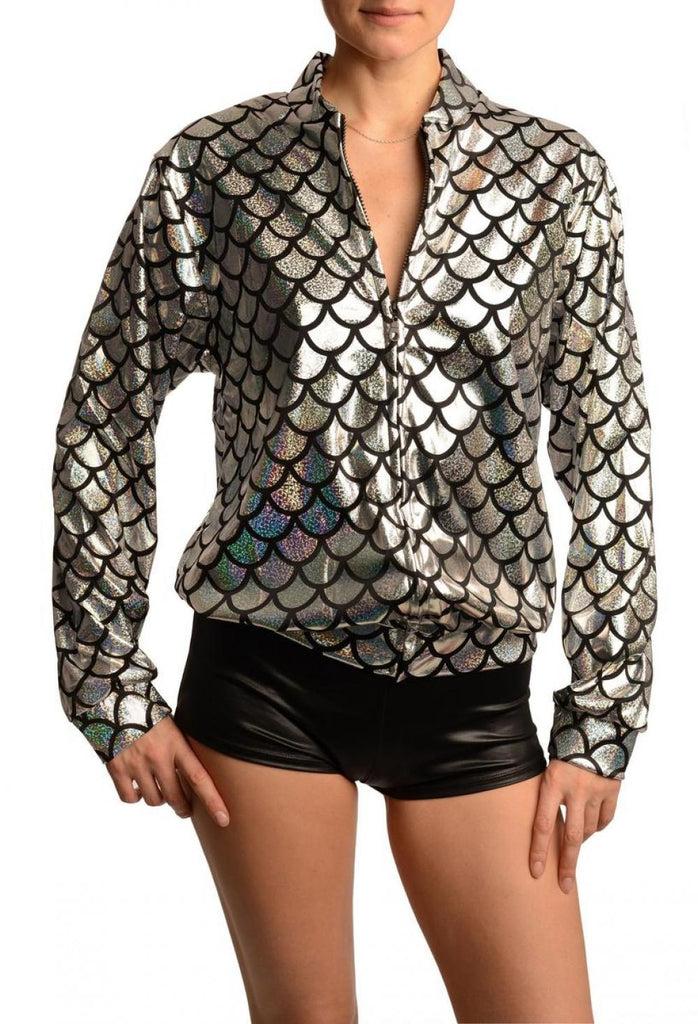 liss kiss Silver Shiny Gloss Mermaid Scales Unisex Zip Disco Jacket - Jacket
