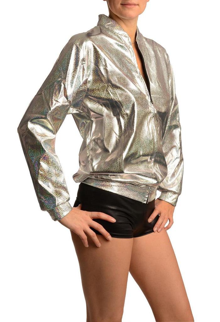 Liss Kiss Silver Shiny Gloss Sparkles Unisex Zip Disco Jacket - Jacket