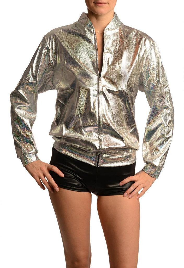 Liss Kiss Silver Shiny Gloss Sparkles Unisex Zip Disco Jacket - Jacket