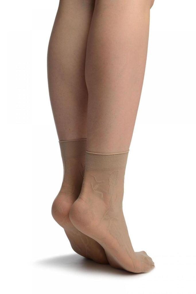Liss Kiss Skin Beige Mesh With Large Flowers Ankle High Socks - Socks