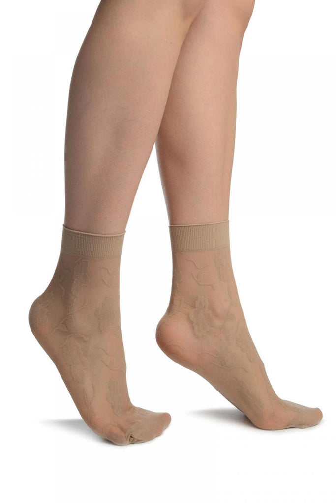 liss kiss Skin Beige Mesh With Large Flowers Ankle High Socks - Socks