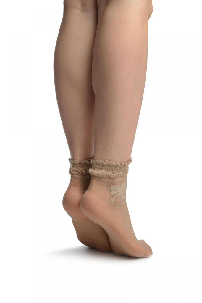 Liss Kiss Skin Beige With Dots & Bow Comfort Top Ankle High Socks - Socks