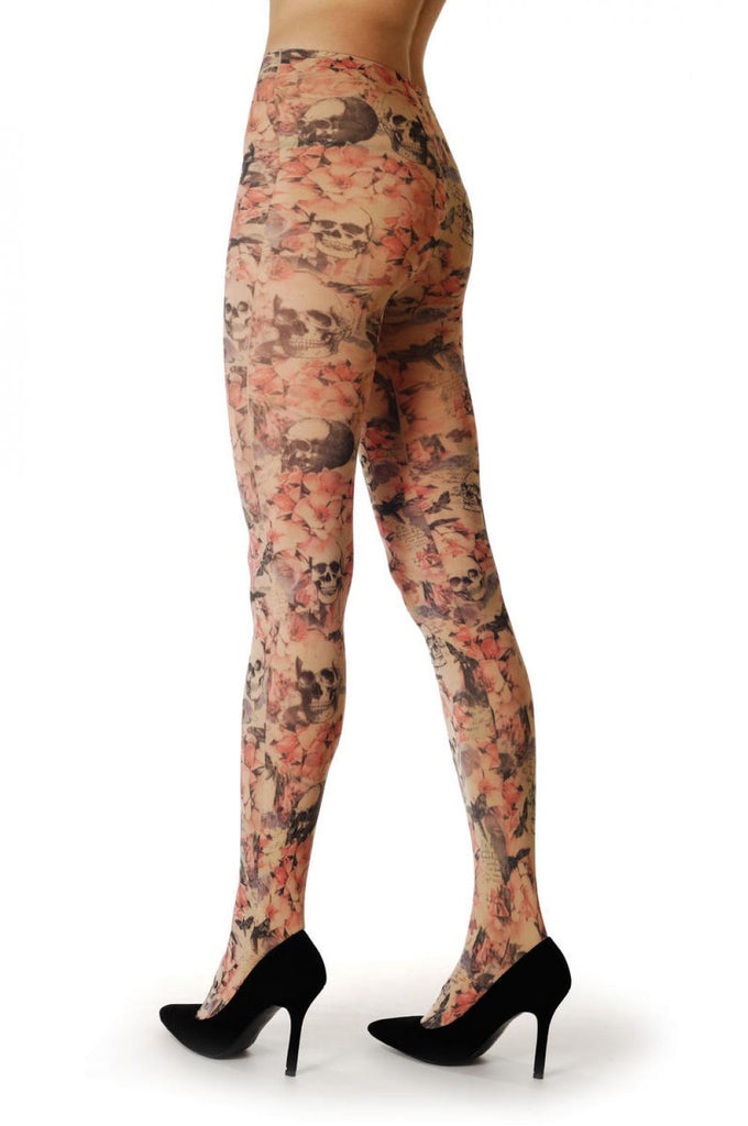 Liss Kiss Skull Pink Flowers Lyrics Flies Vintage - Tights