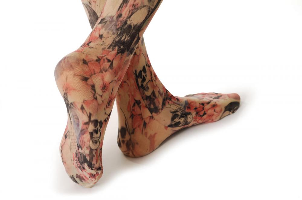 Liss Kiss Skull Pink Flowers Lyrics Flies Vintage - Tights