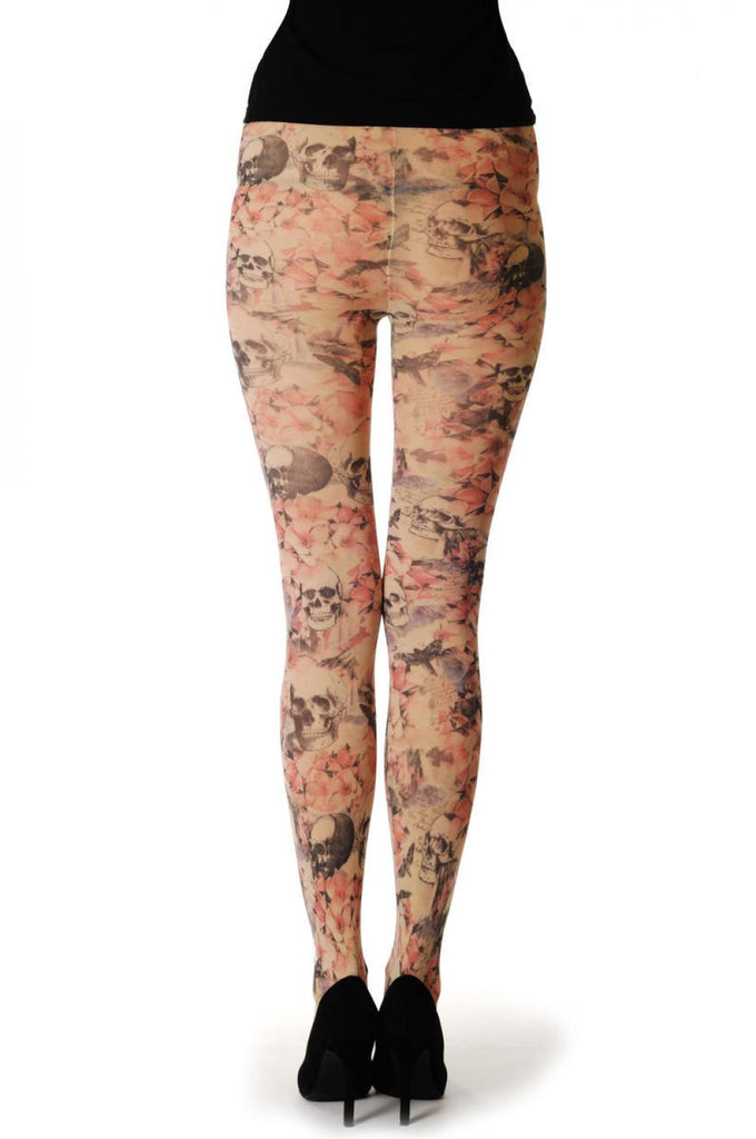 Liss Kiss Skull Pink Flowers Lyrics Flies Vintage - Tights