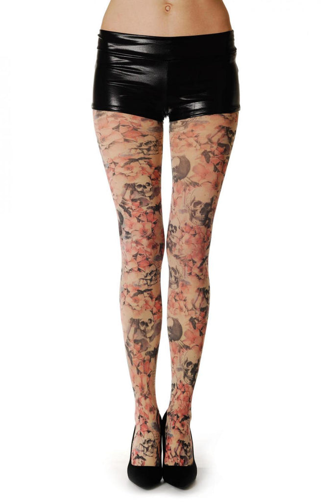 liss kiss Skull Pink Flowers Lyrics Flies Vintage - Tights
