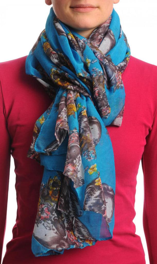 Liss Kiss Skull With Flowers On Maya Blue Unisex Scarf & Beach Sarong - Scarf