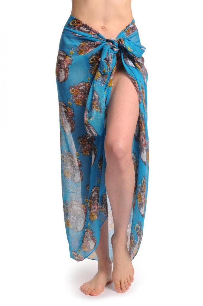 liss kiss Skull With Flowers On Maya Blue Unisex Scarf & Beach Sarong - Scarf