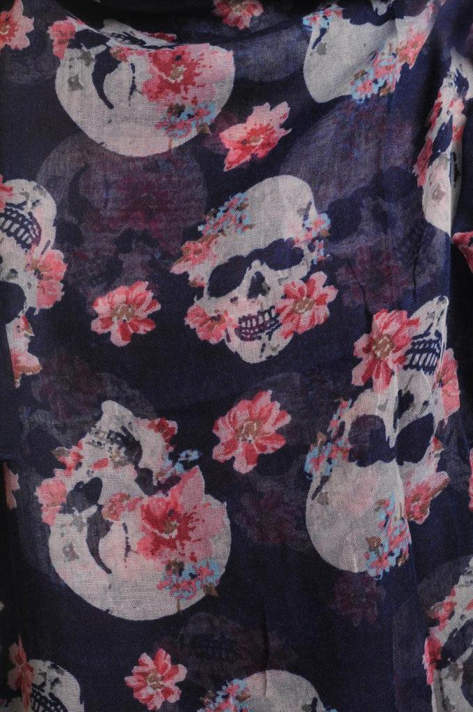 Liss Kiss Skull With Flowers On Navy Blue Unisex Scarf & Beach Sarong - Scarf