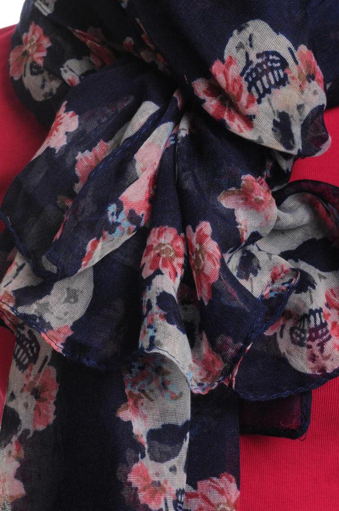 Liss Kiss Skull With Flowers On Navy Blue Unisex Scarf & Beach Sarong - Scarf