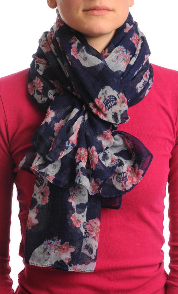 Liss Kiss Skull With Flowers On Navy Blue Unisex Scarf & Beach Sarong - Scarf