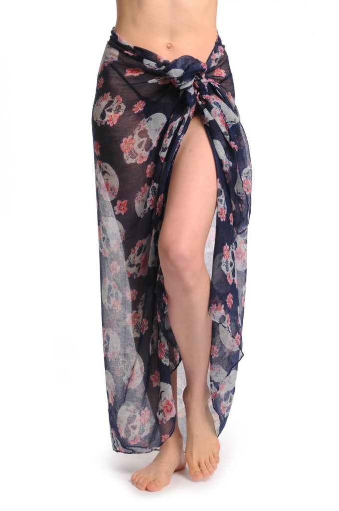 liss kiss Skull With Flowers On Navy Blue Unisex Scarf & Beach Sarong - Scarf