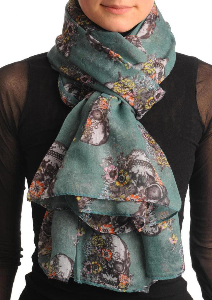 Liss Kiss Skulls With Flowers On Cerulean Blue Unisex Scarf & Beach Sarong - Scarf