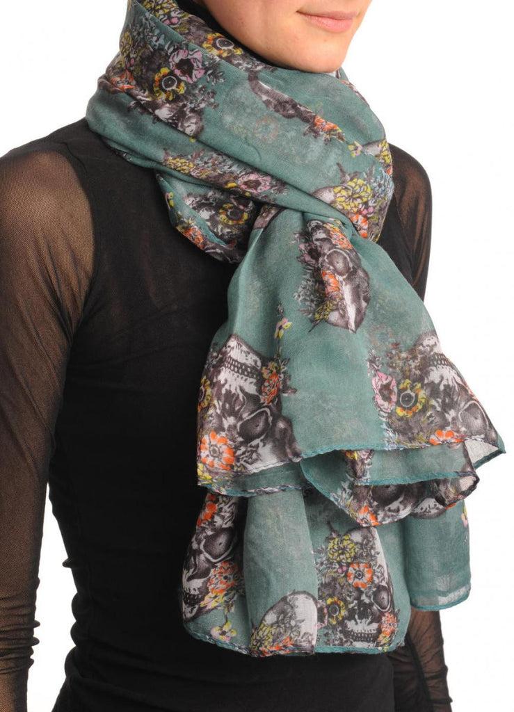 Liss Kiss Skulls With Flowers On Cerulean Blue Unisex Scarf & Beach Sarong - Scarf
