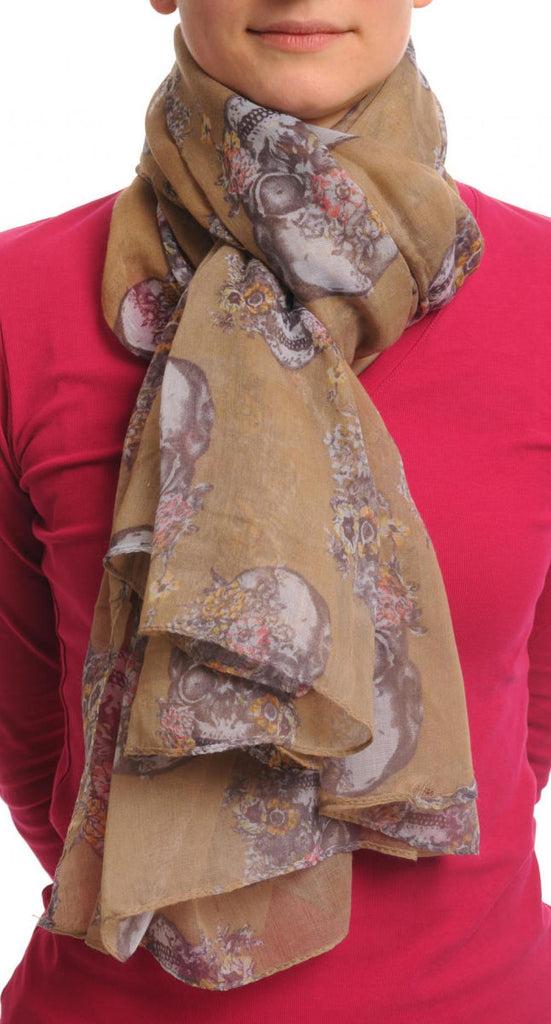 Liss Kiss Skulls With Flowers On Mocha Unisex Scarf & Beach Sarong - Scarf