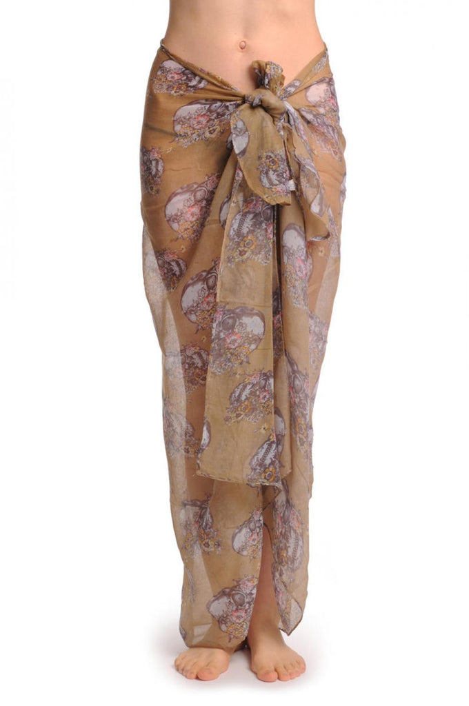 Liss Kiss Skulls With Flowers On Mocha Unisex Scarf & Beach Sarong - Scarf