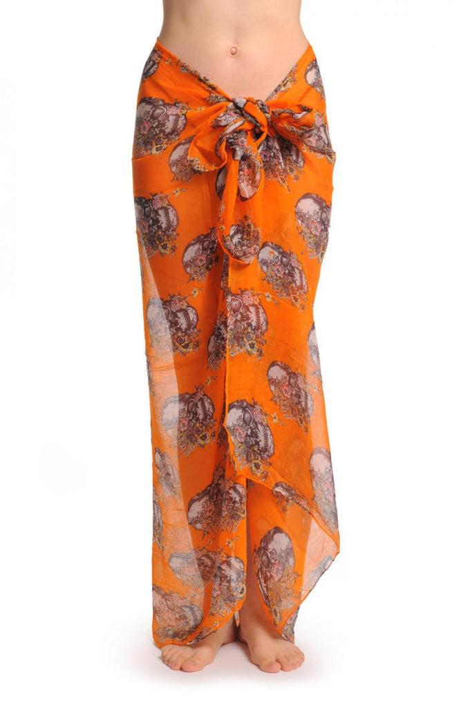 Liss Kiss Skulls With Flowers On Orange Unisex Scarf & Beach Sarong - Scarf