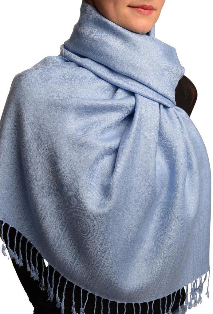 Liss Kiss Sky Blue Paisleys Pashmina Feel With Tassels - Scarf