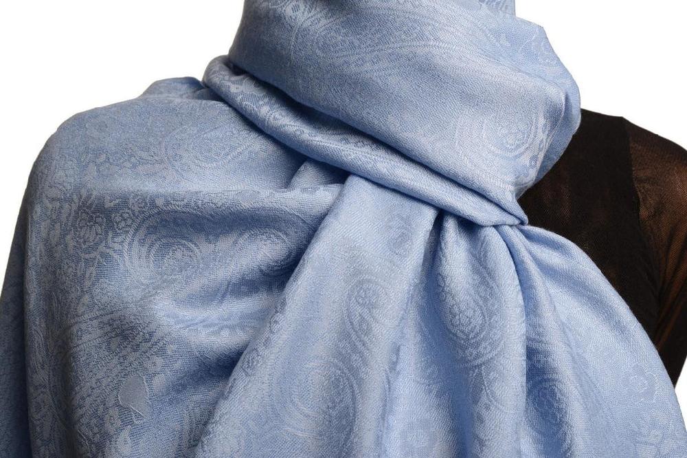 Liss Kiss Sky Blue Paisleys Pashmina Feel With Tassels - Scarf
