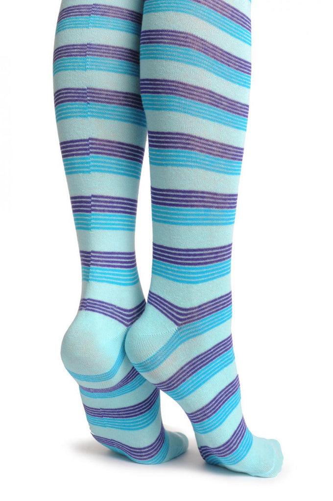 Liss Kiss Sky Blue Royal Blue & Purple Thin Stripes - Over The Knee Socks