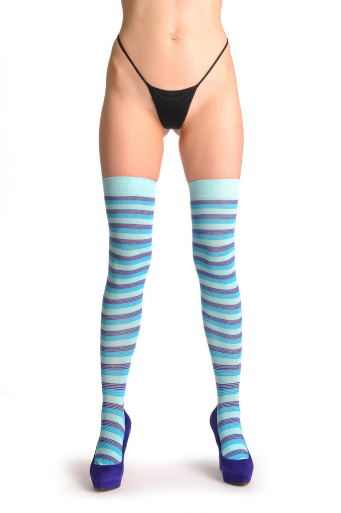 liss kiss Sky Blue Royal Blue & Purple Thin Stripes - Over The Knee Socks