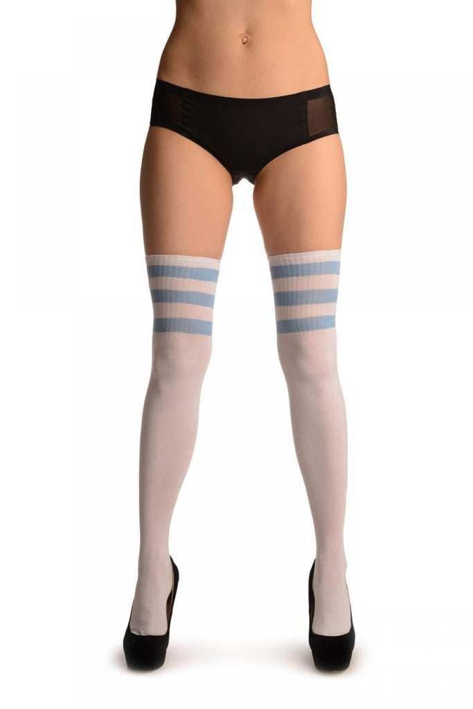 Liss Kiss Sky Blue Stripes On White (Referee) - Over The Knee Socks