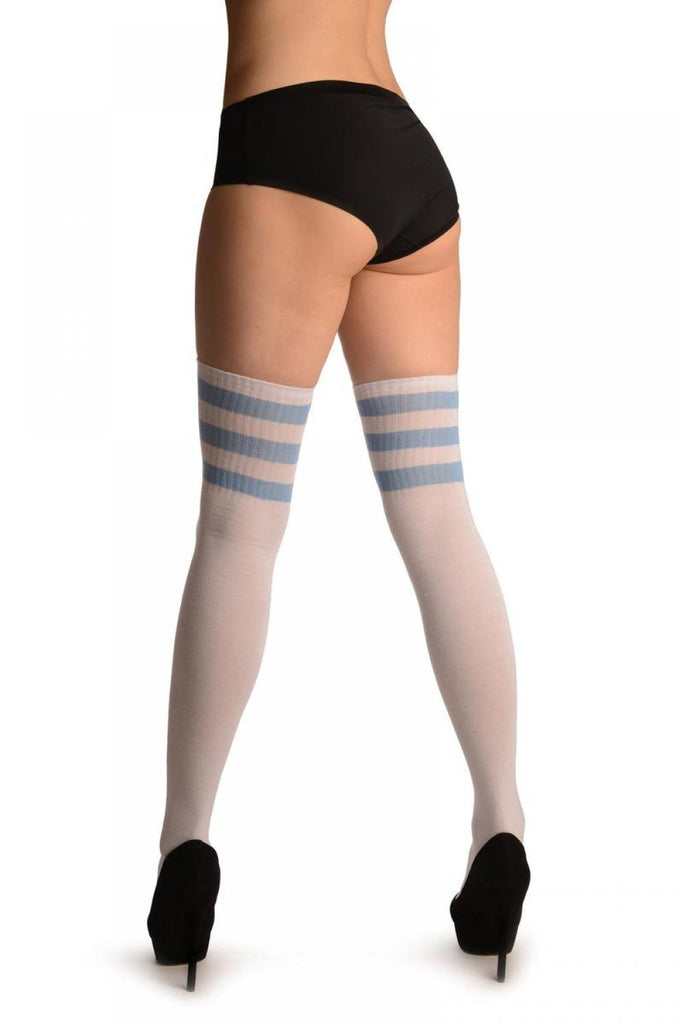 Liss Kiss Sky Blue Stripes On White (Referee) - Over The Knee Socks