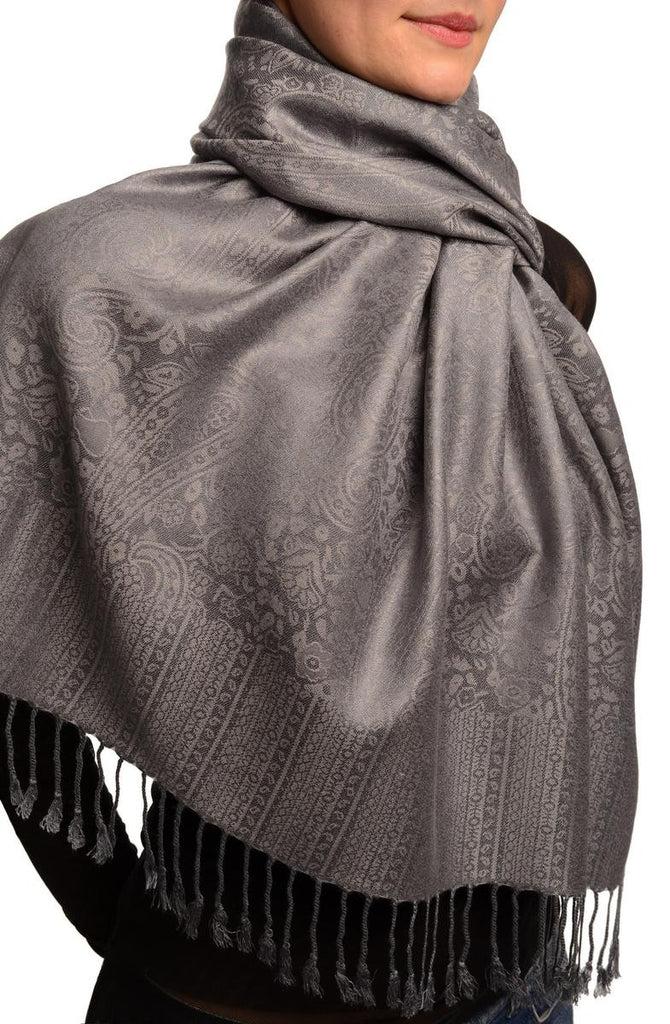 Liss Kiss Slate Grey Paisleys Pashmina Feel With Tassels - Scarf